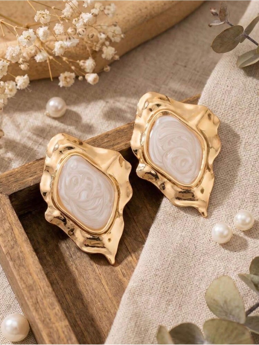 Gold and Cream Marbled Statement Earrings